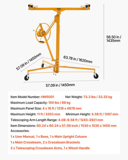 3353mm Drywall Lift, Heavy-Duty 68 kg Sheetrock Hoist with Adjustable Telescoping Arm, Lockable Wheels, V952-SPSJJHS95FT1QDU00001V0