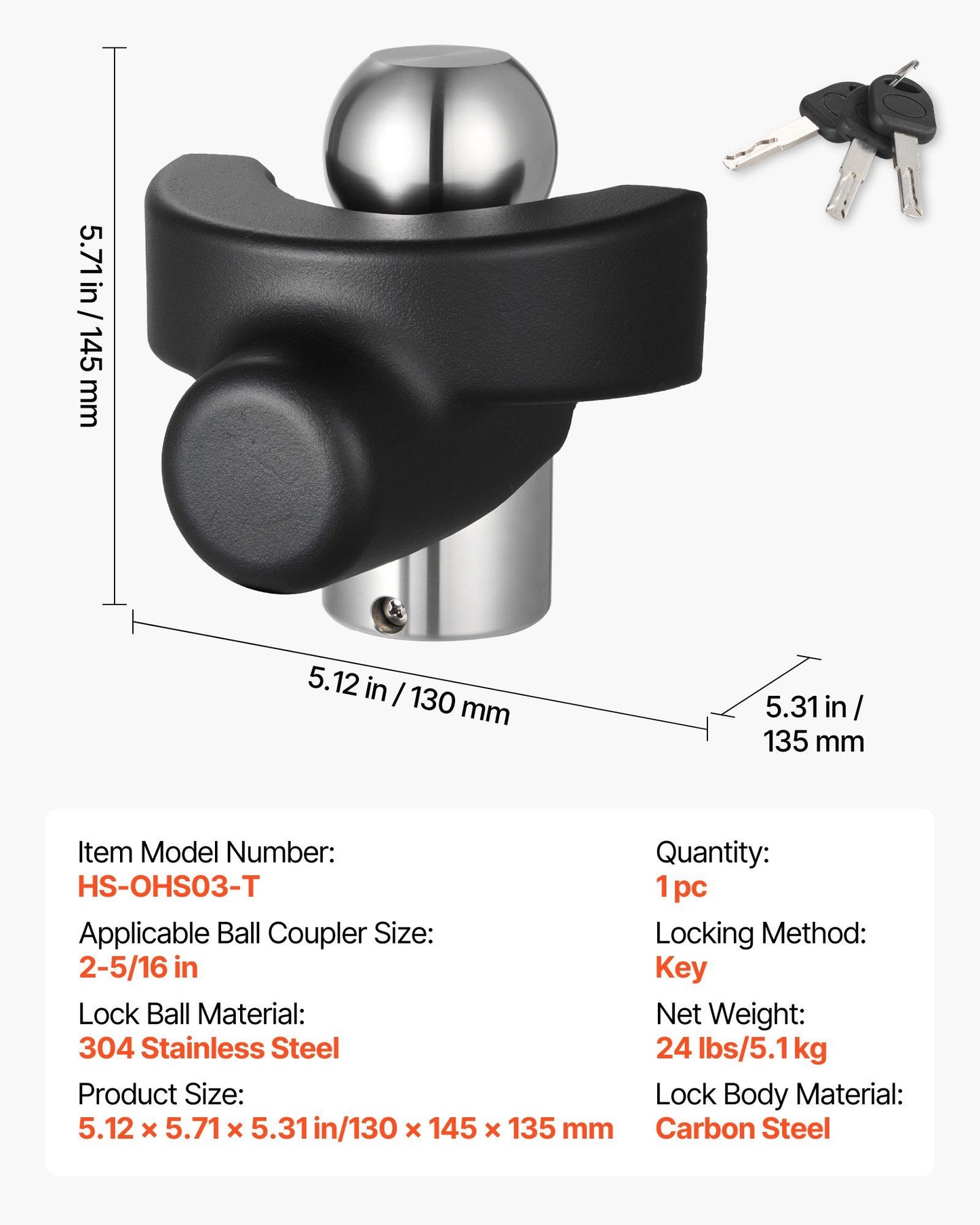 Trailer Hitch Lock, Compatible with 58.7 mm Couplers, Heavy-Duty Anti-Theft Trailer Ball Lock with 3 Keys, V952-SPSOHSCX25164V9WR001V0