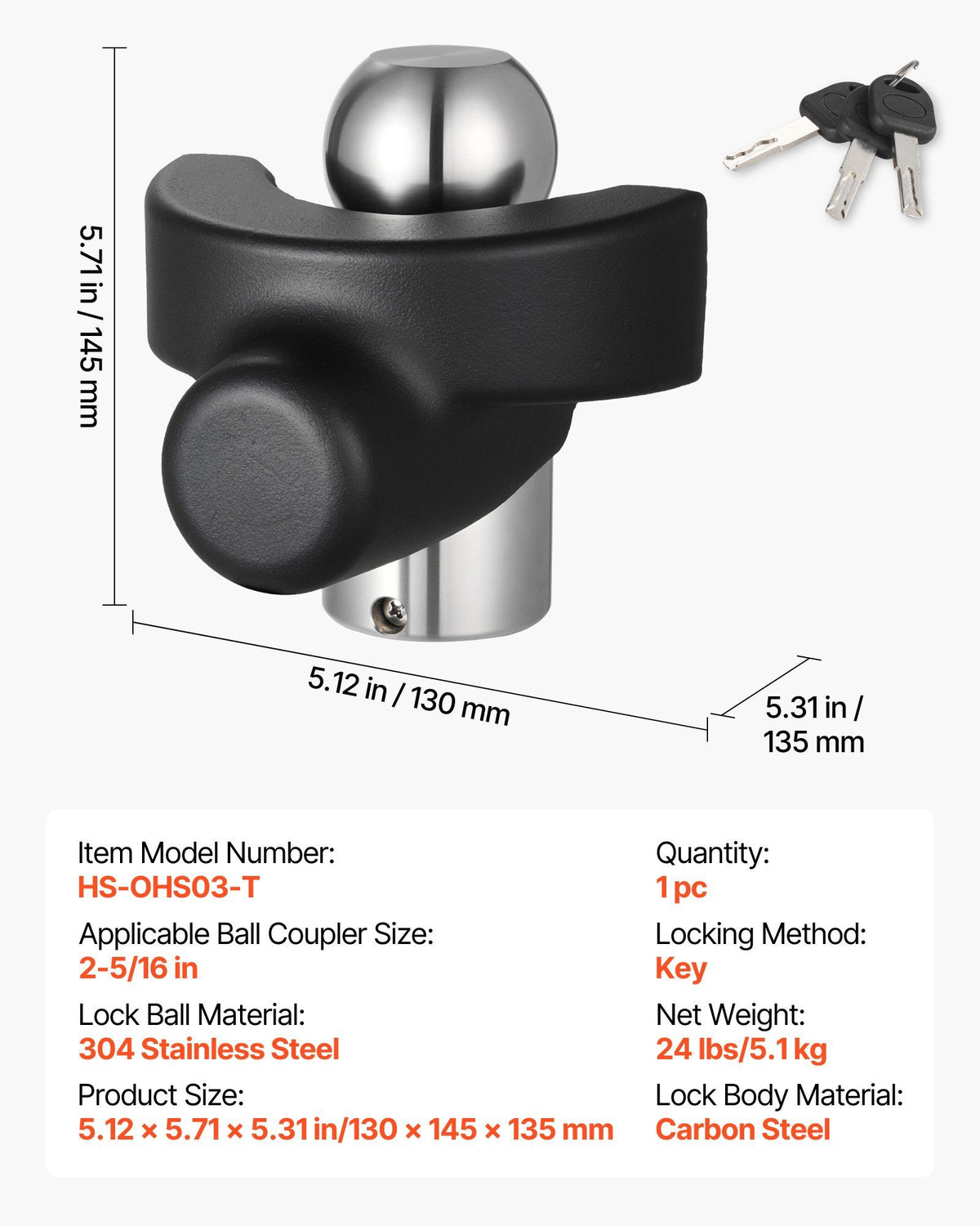 Trailer Hitch Lock, Compatible with 58.7 mm Couplers, Heavy-Duty Anti-Theft Trailer Ball Lock with 3 Keys, V952-SPSOHSCX25164V9WR001V0