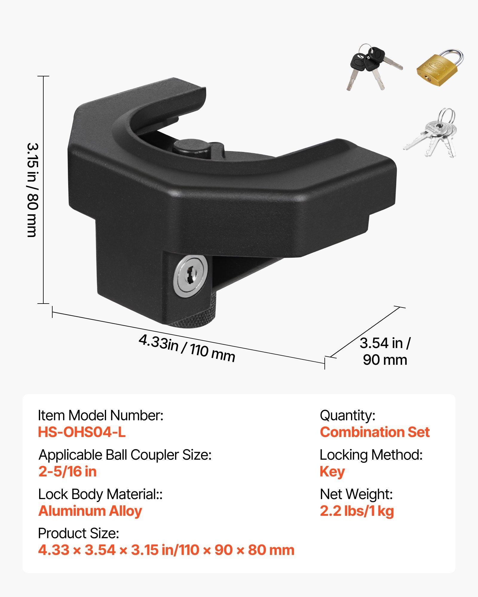 Trailer Hitch Lock Kit, Compatible with 58.7 mm Couplers, Heavy-Duty Anti-Theft Trailer Ball Lock with 3 Keys V952-SPSOHSCX2516GV08O001V0