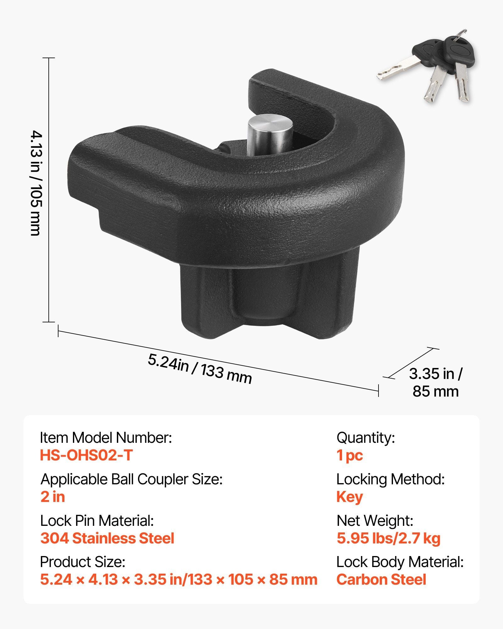 Trailer Hitch Lock, Compatible with 50.8 mm Couplers, Heavy-Duty Anti-Theft Trailer Ball Lock with 3 Keys, V952-SPSOHSCX2INC4U3BJ001V0