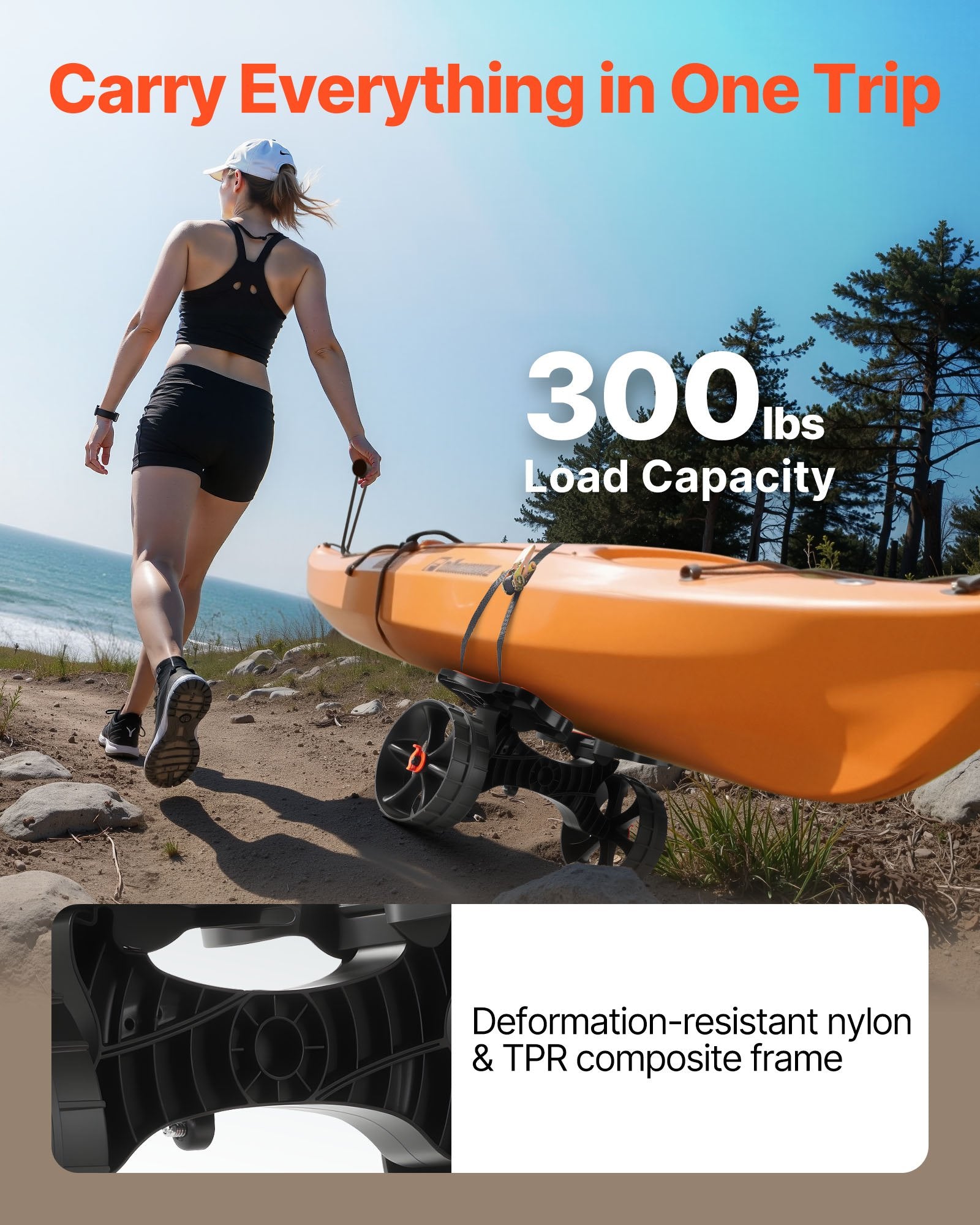 Kayak Cart, 136.1 kg Load Capacity, Foldable Kayak Trolley with 25.4 cm Solid Rubber Tires & 1 Ratchet Strap, V952-SPSPHTTC10IN15RM2001V0
