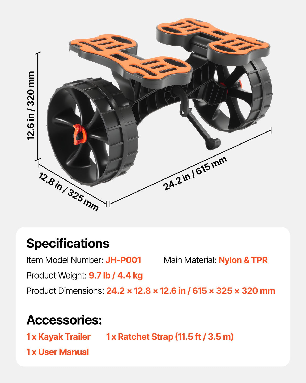 Kayak Cart, 136.1 kg Load Capacity, Foldable Kayak Trolley with 25.4 cm Solid Rubber Tires & 1 Ratchet Strap, V952-SPSPHTTC10IN15RM2001V0