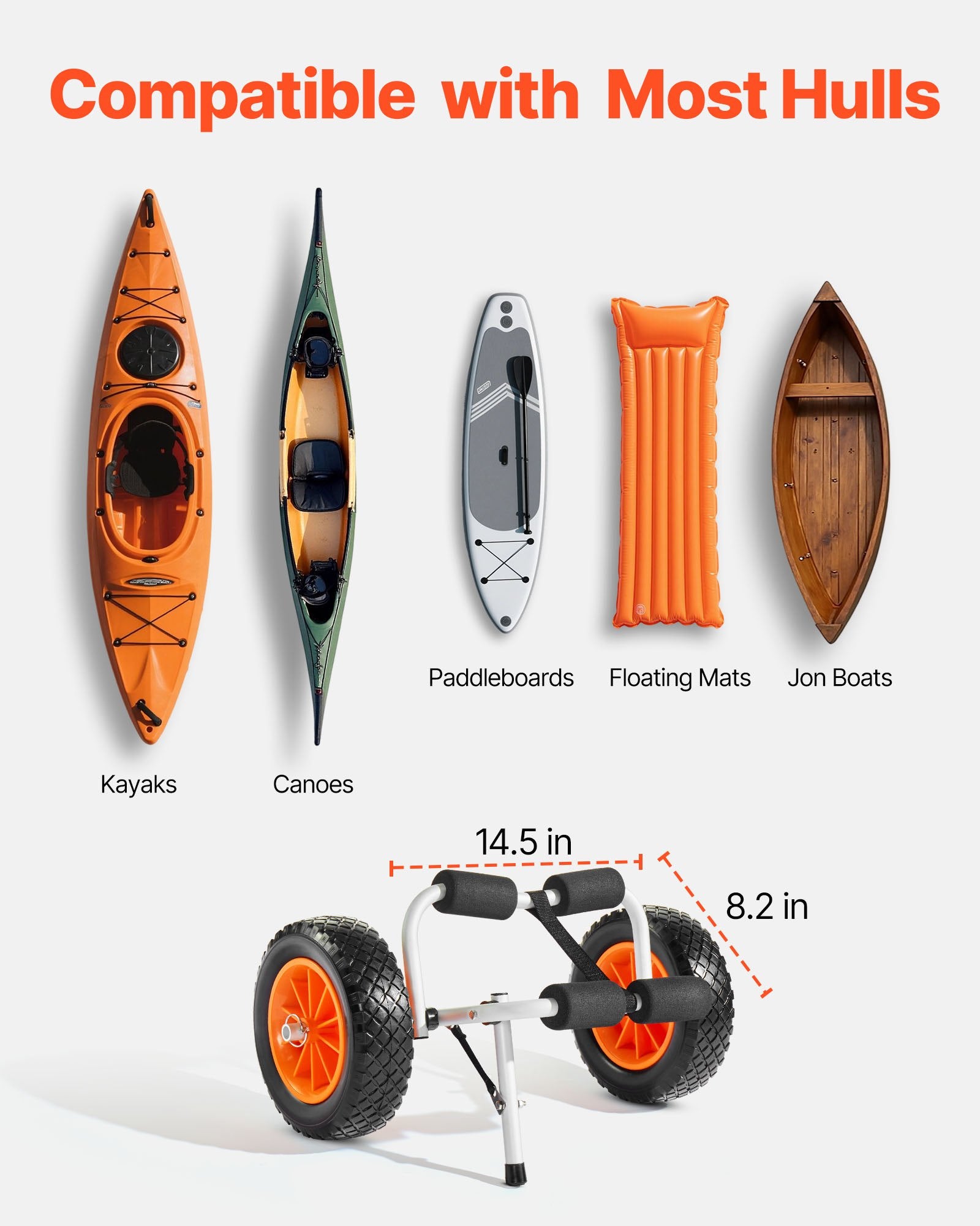 Kayak Cart, 90 kg Load Capacity, Foldable Kayak Trolley with 25.4 cm Solid Rubber Tires & 1 Ratchet Strap, V952-SPSPHTTC10IN3S906001V0
