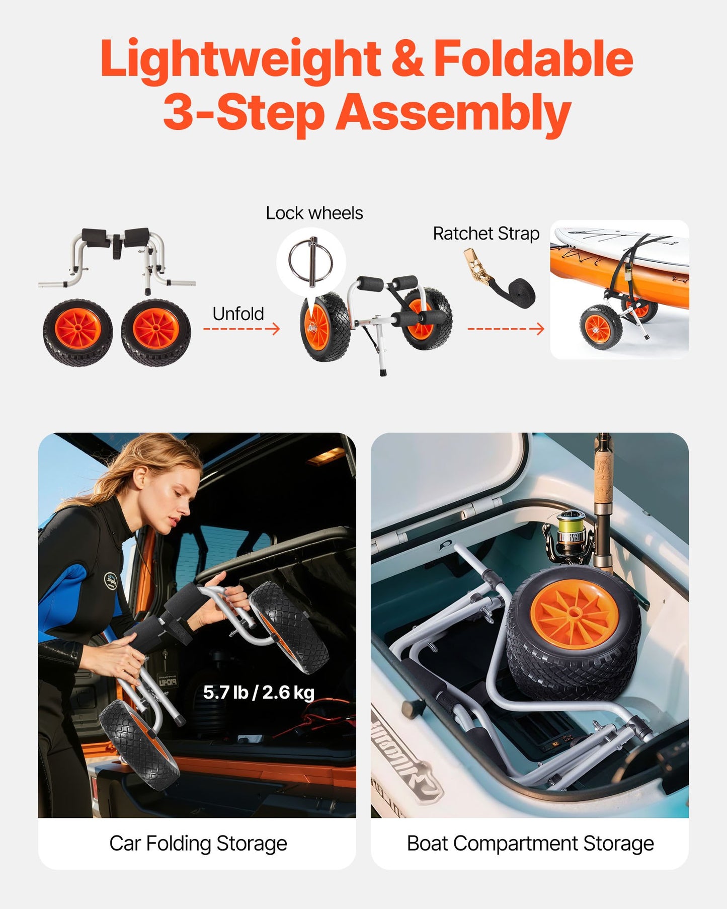 Kayak Cart, 90 kg Load Capacity, Foldable Kayak Trolley with 25.4 cm Solid Rubber Tires & 1 Ratchet Strap, V952-SPSPHTTC10IN3S906001V0