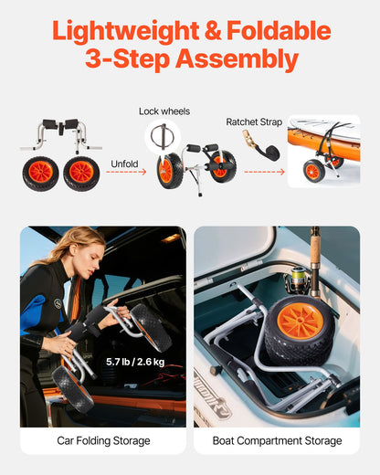 Kayak Cart, 90 kg Load Capacity, Foldable Kayak Trolley with 25.4 cm Solid Rubber Tires & 1 Ratchet Strap, V952-SPSPHTTC10IN3S906001V0