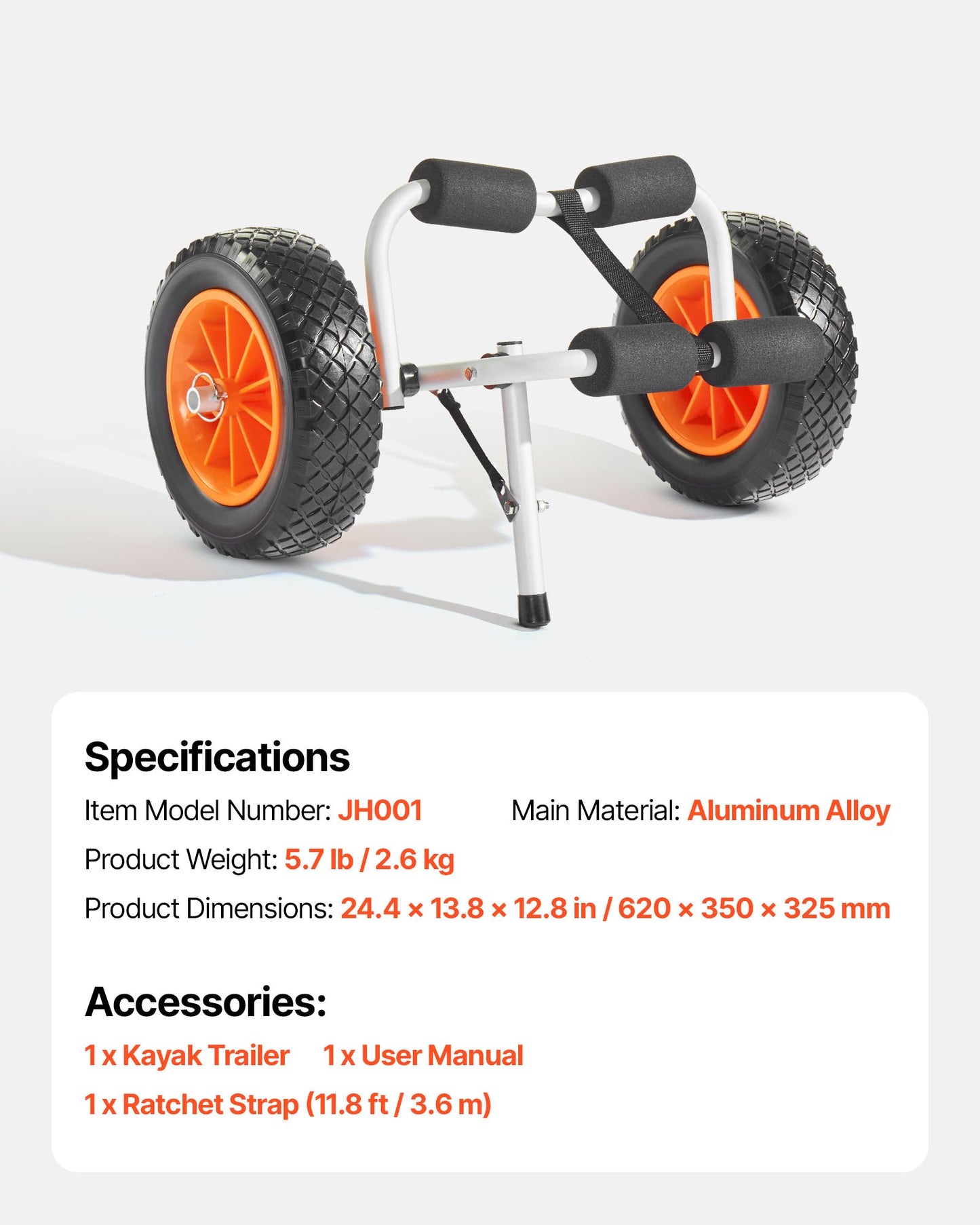 Kayak Cart, 90 kg Load Capacity, Foldable Kayak Trolley with 25.4 cm Solid Rubber Tires & 1 Ratchet Strap, V952-SPSPHTTC10IN3S906001V0
