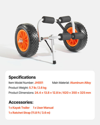 Kayak Cart, 90 kg Load Capacity, Foldable Kayak Trolley with 25.4 cm Solid Rubber Tires & 1 Ratchet Strap, V952-SPSPHTTC10IN3S906001V0