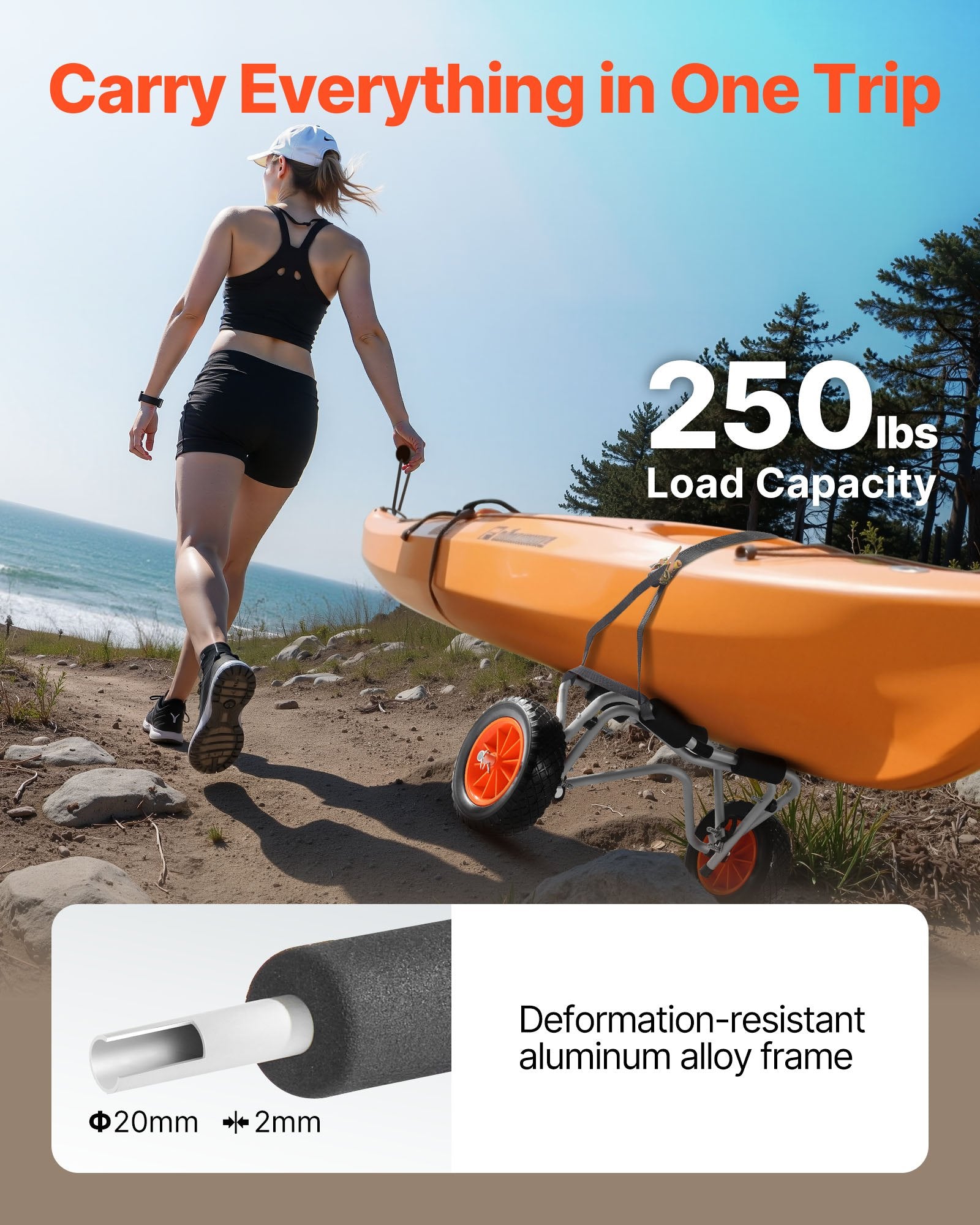 Kayak Cart, 113.4 kg Load Capacity, Foldable Kayak Trolley with 25.4 cm Solid Rubber Tires & 1 Ratchet Strap, V952-SPSPHTTC10IN9SGI2001V0