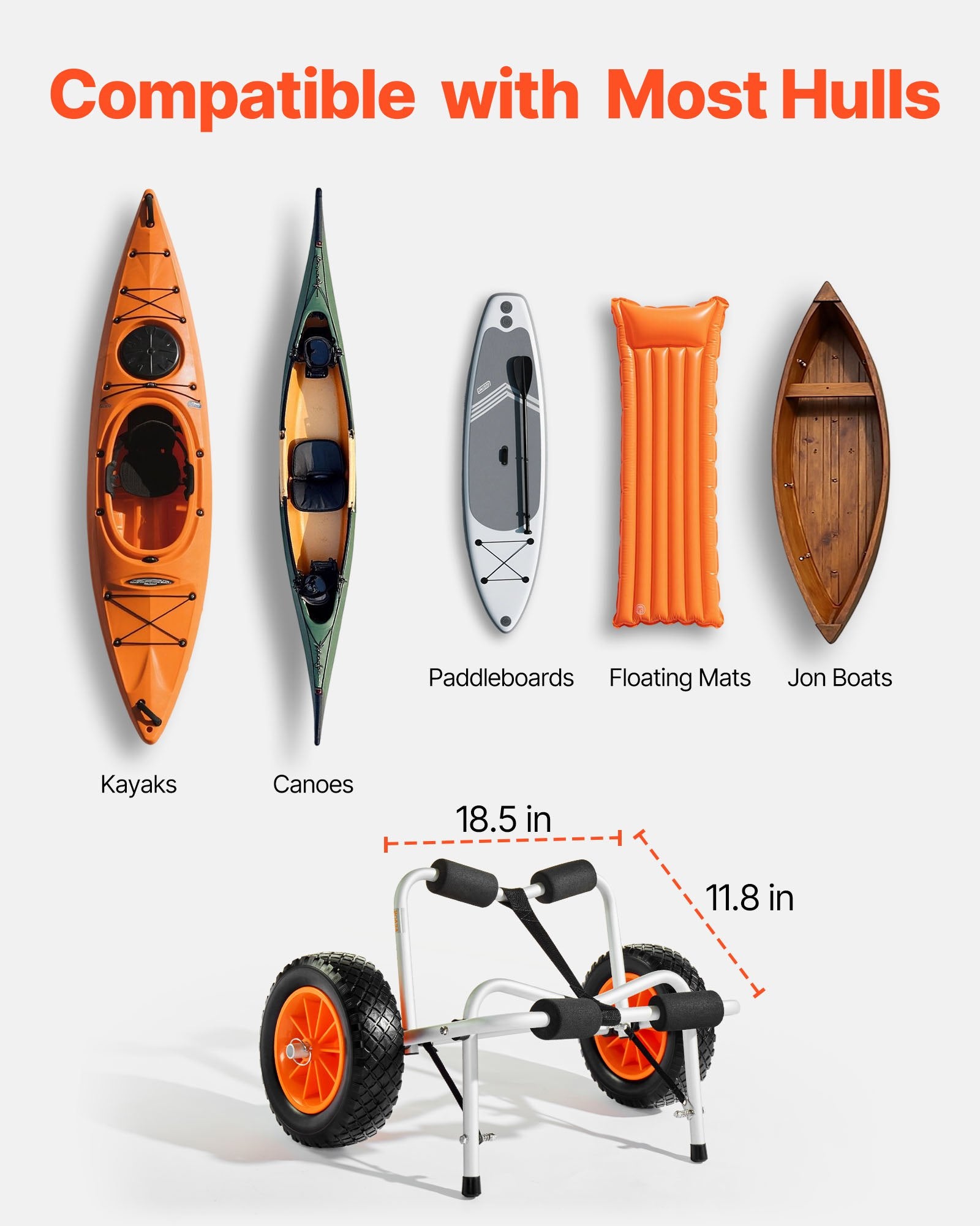 Kayak Cart, 113.4 kg Load Capacity, Foldable Kayak Trolley with 25.4 cm Solid Rubber Tires & 1 Ratchet Strap, V952-SPSPHTTC10IN9SGI2001V0