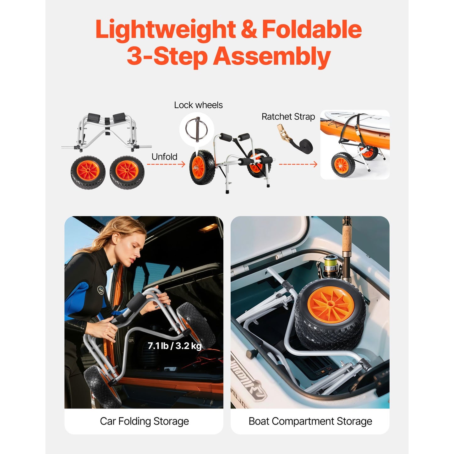 Kayak Cart, 113.4 kg Load Capacity, Foldable Kayak Trolley with 25.4 cm Solid Rubber Tires & 1 Ratchet Strap, V952-SPSPHTTC10IN9SGI2001V0