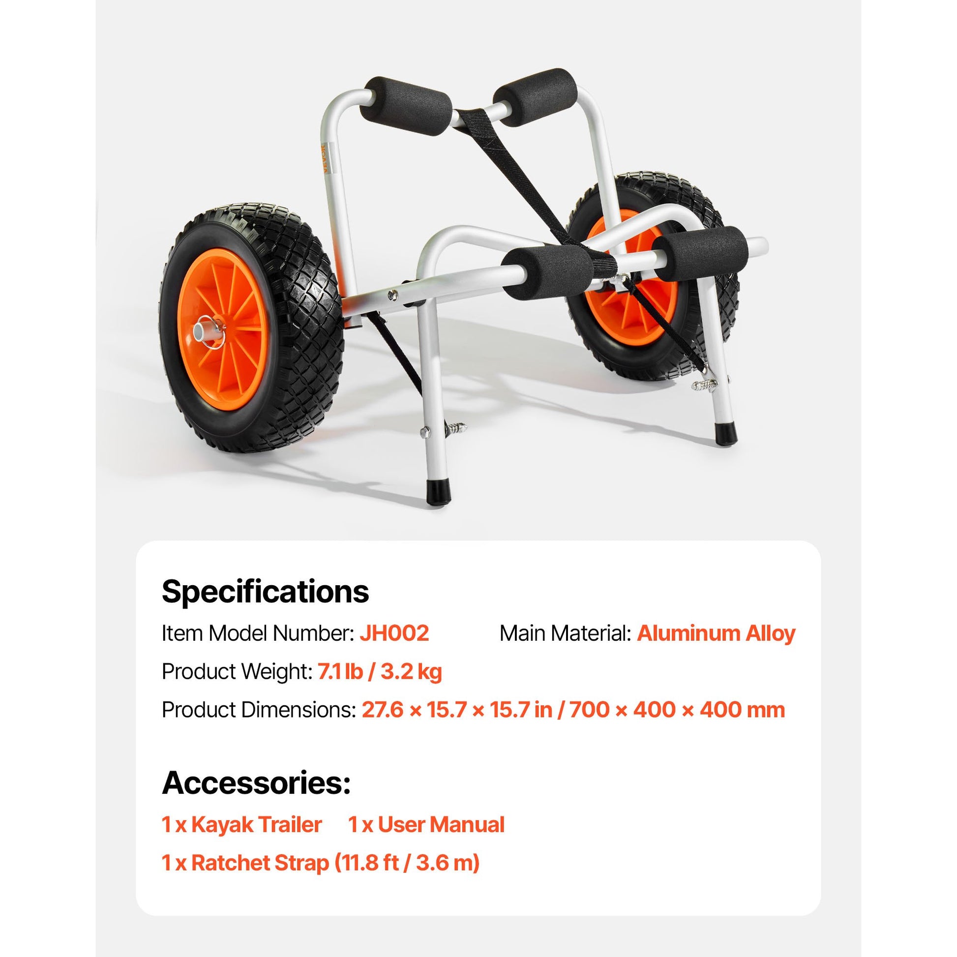 Kayak Cart, 113.4 kg Load Capacity, Foldable Kayak Trolley with 25.4 cm Solid Rubber Tires & 1 Ratchet Strap, V952-SPSPHTTC10IN9SGI2001V0