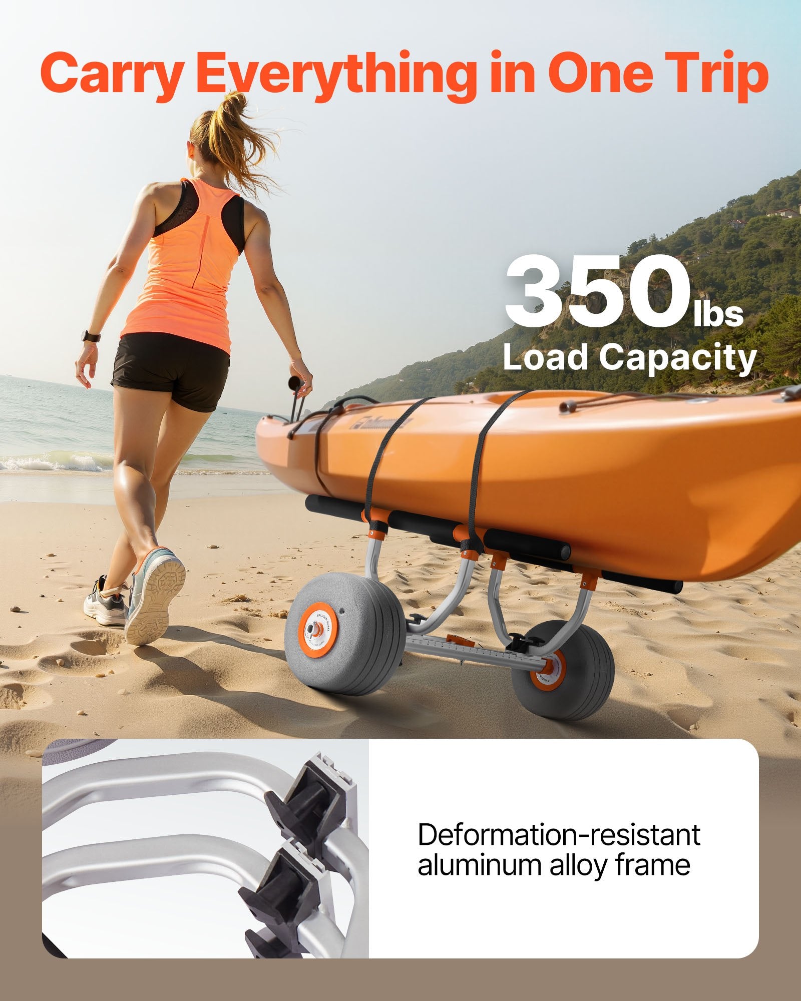 Kayak Cart, 158.8 kg Load Capacity, Kayak Trolley with 30.5 cm Inflatable PU Tires & 2 Straps, Assembles & V952-SPSPHTTC13INFQKUY001V0