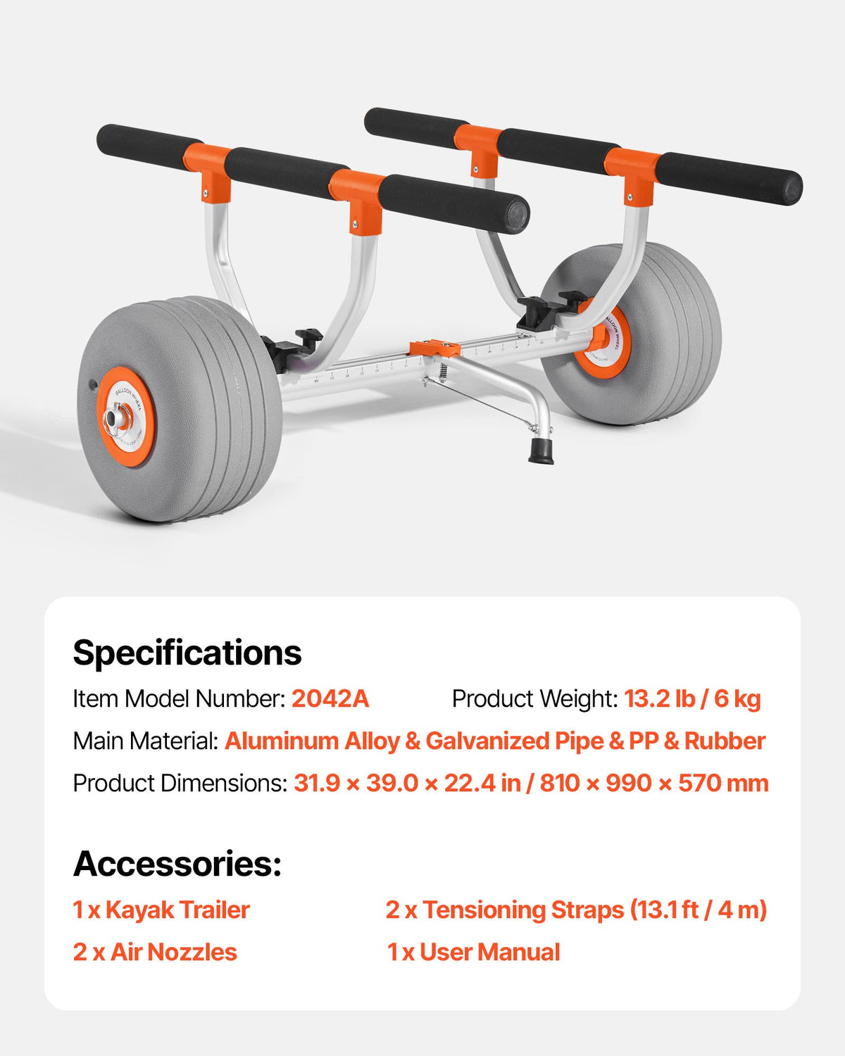 Kayak Cart, 158.8 kg Load Capacity, Kayak Trolley with 30.5 cm Inflatable PU Tires & 2 Straps, Assembles & V952-SPSPHTTC13INFQKUY001V0
