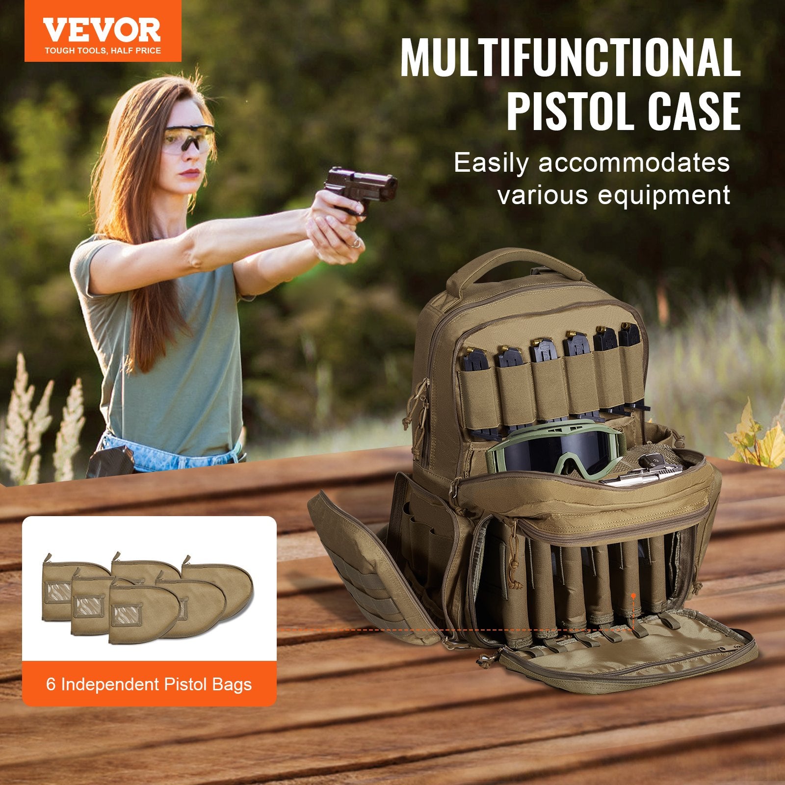 Tactical Range Backpack for 6 Pistols, Gun Backpack with 6 Independent Pistol Bags & 10 Magazines, Pistol V952-SQBHS472330CODV8ZV0