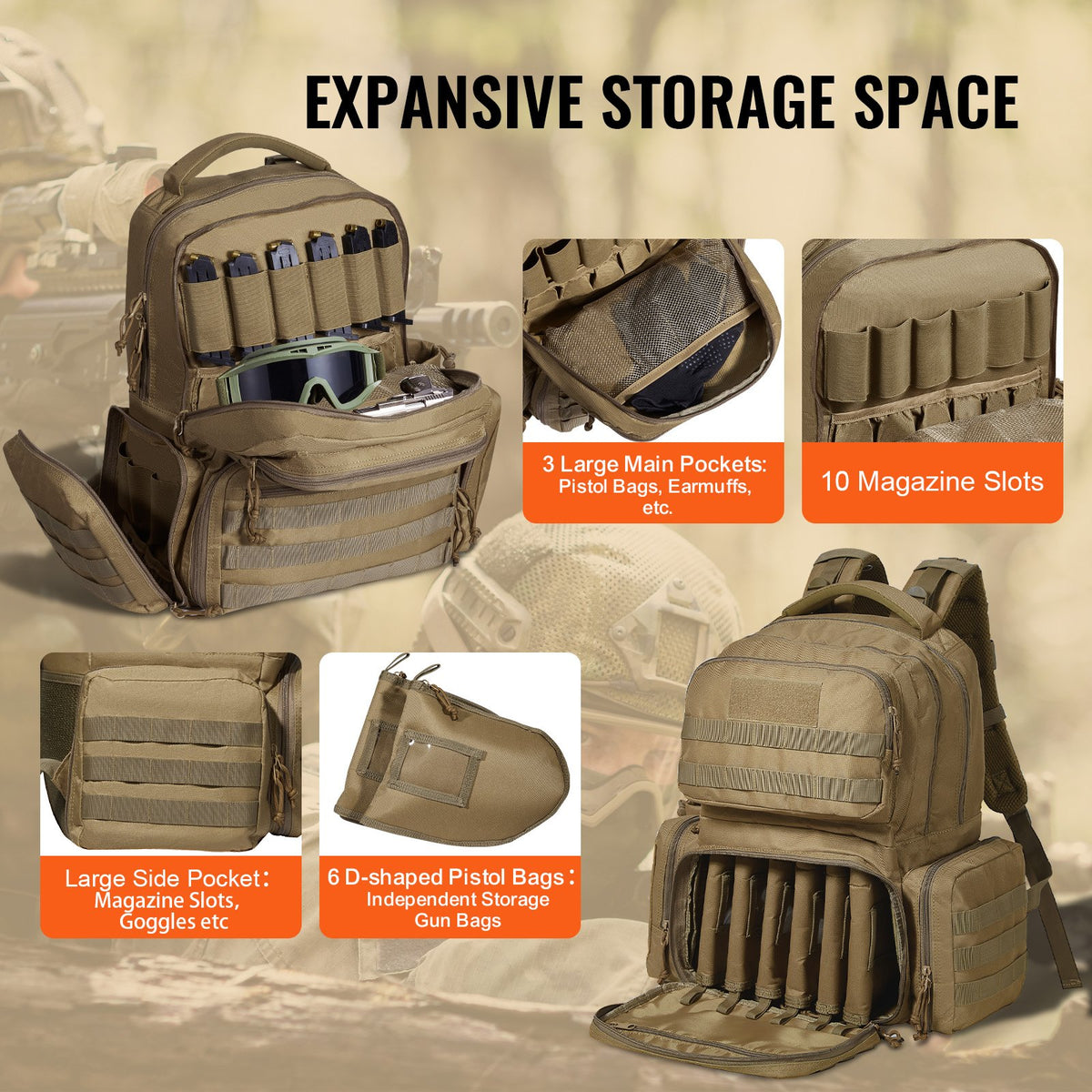 Tactical Range Backpack for 6 Pistols, Gun Backpack with 6 Independent Pistol Bags & 10 Magazines, Pistol V952-SQBHS472330CODV8ZV0