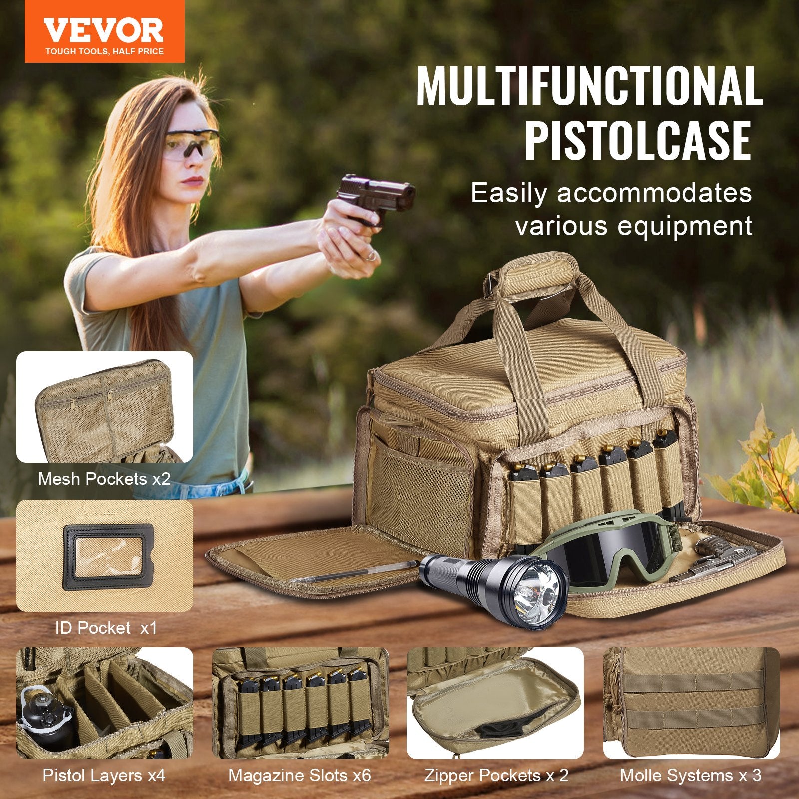 Range Bag for 4 Pistols, Tactical Gun Range Bag with 3 Detachable Baffles & 6 Magazines, Firearm Shooting V952-SQBLS362631C0I5U2V0