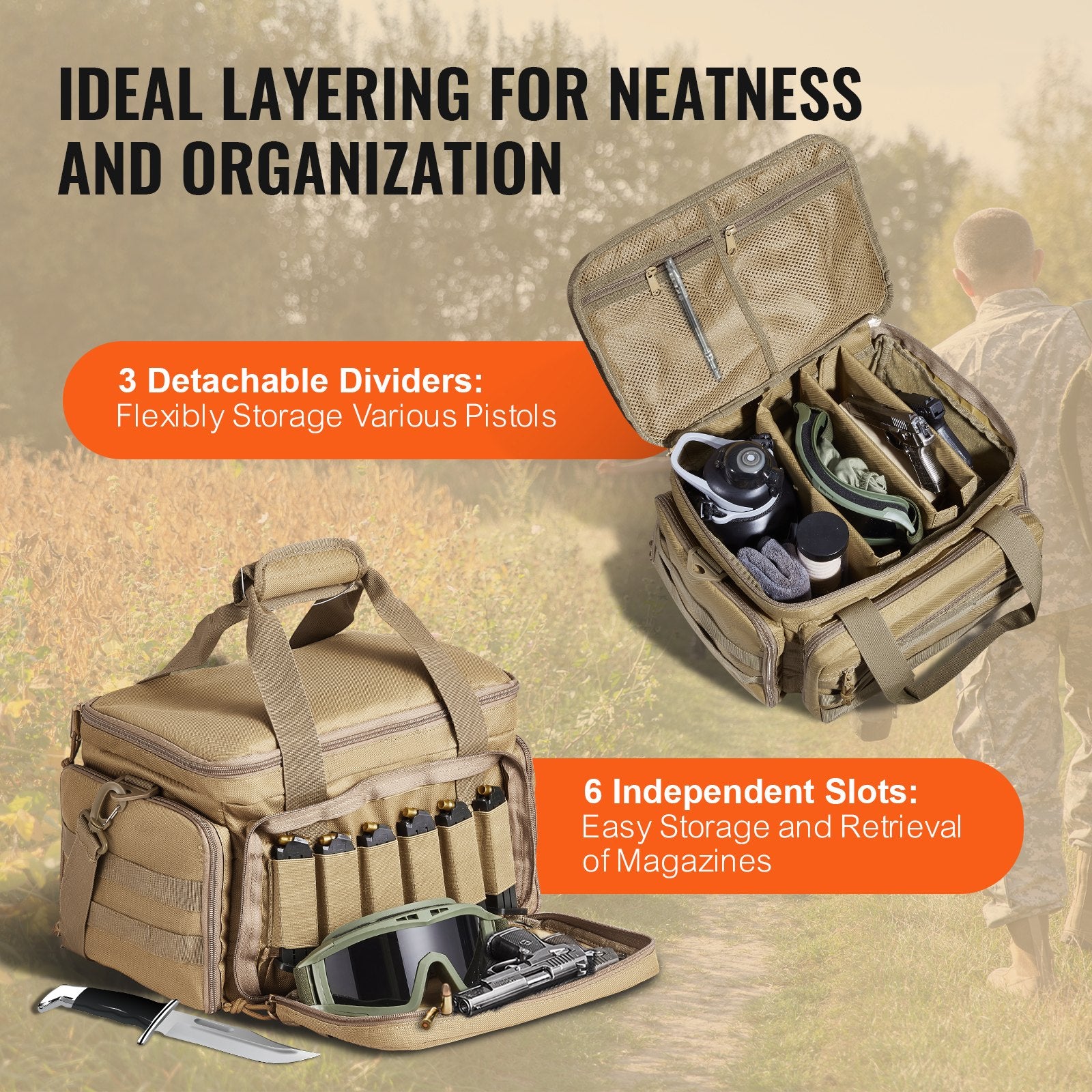 Range Bag for 4 Pistols, Tactical Gun Range Bag with 3 Detachable Baffles & 6 Magazines, Firearm Shooting V952-SQBLS362631C0I5U2V0