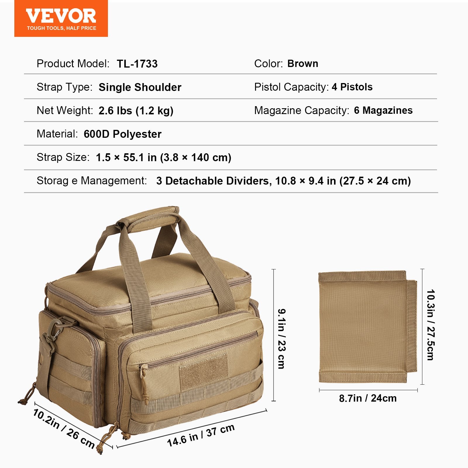 Range Bag for 4 Pistols, Tactical Gun Range Bag with 3 Detachable Baffles & 6 Magazines, Firearm Shooting V952-SQBLS362631C0I5U2V0