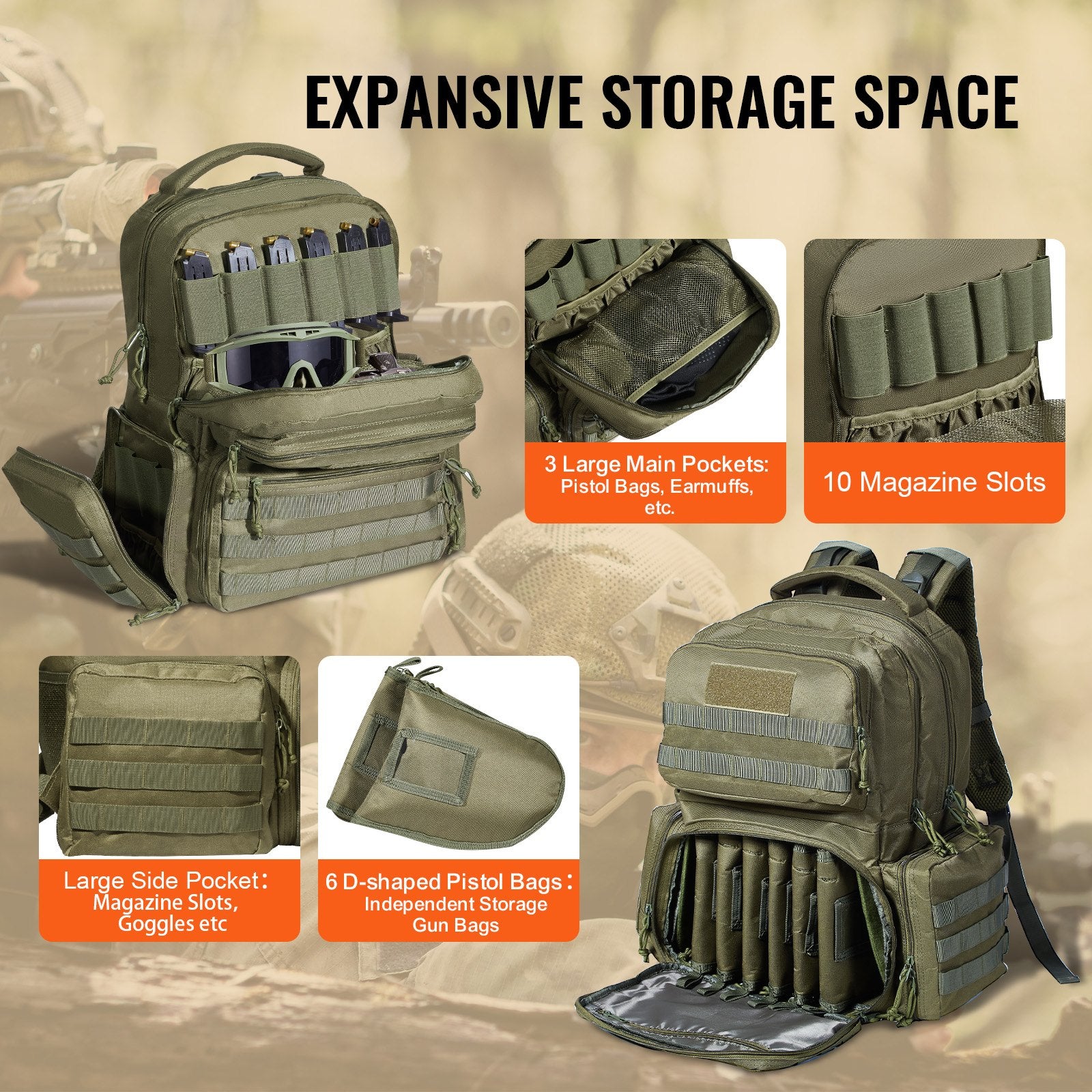 Tactical Range Backpack for 6 Pistols Gun Backpack Green V952-SQBLS422348CMM4IRV0