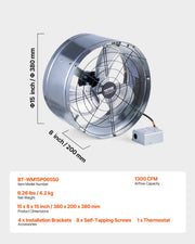 380 mm Gable Mount Fan 1300 CFM Attic Vent Fan with Adjustable Thermostat V952-SQFJ15YC1300339LIV3