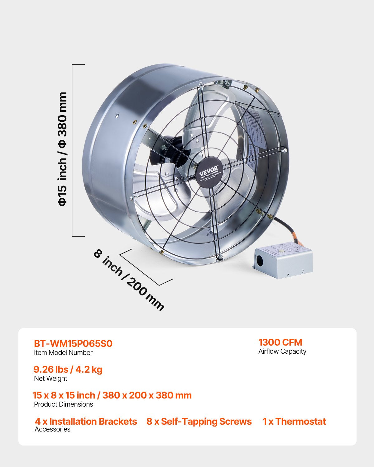 380 mm Gable Mount Fan 1300 CFM Attic Vent Fan with Adjustable Thermostat V952-SQFJ15YC1300339LIV3