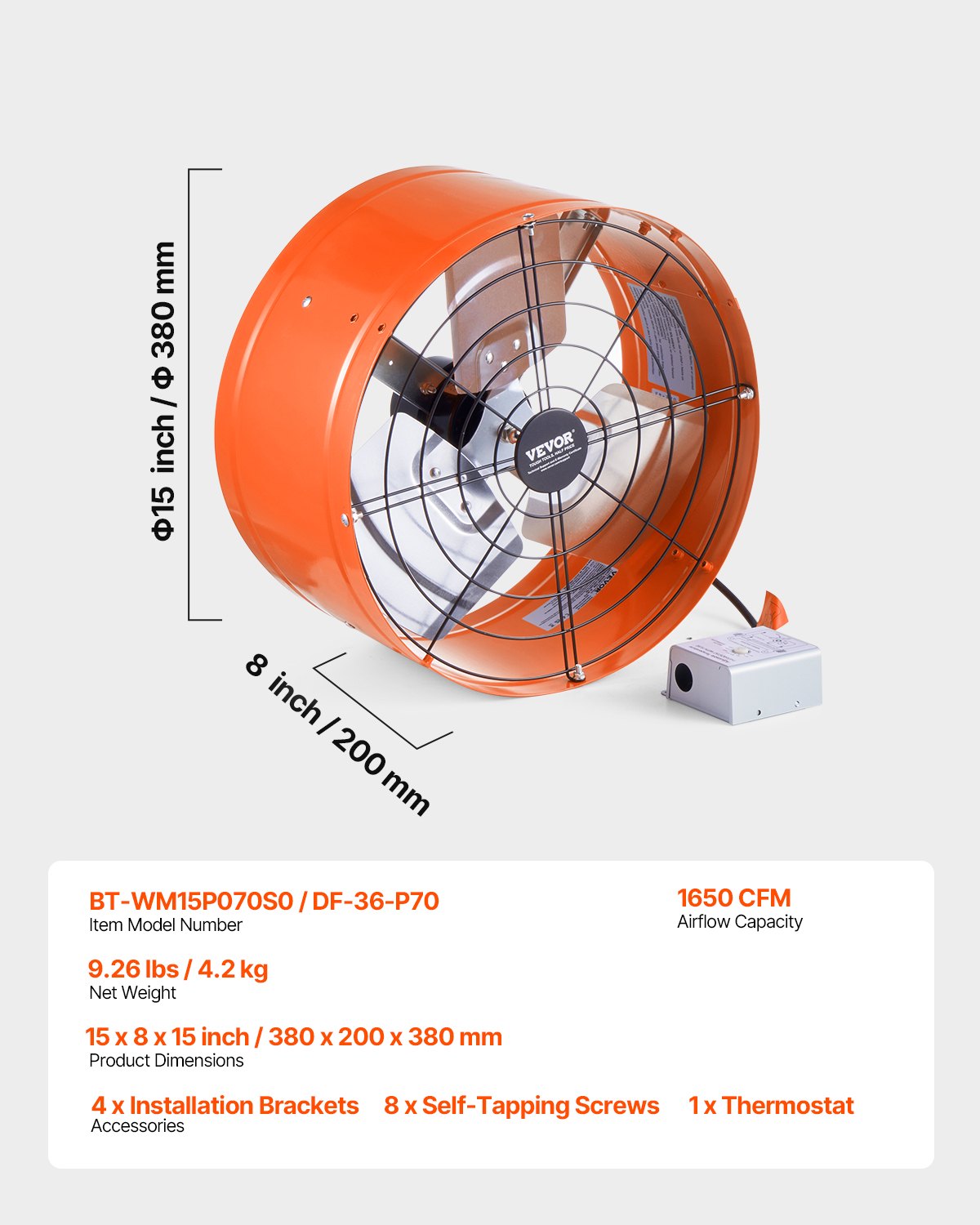 380 mm Gable Mount Fan 1650 CFM Attic Vent Fan with Adjustable Thermostat V952-SQFJ15YC16502BPXZV3