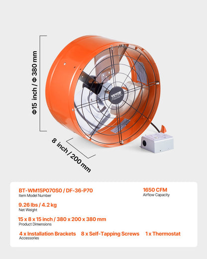 380 mm Gable Mount Fan 1650 CFM Attic Vent Fan with Adjustable Thermostat V952-SQFJ15YC16502BPXZV3