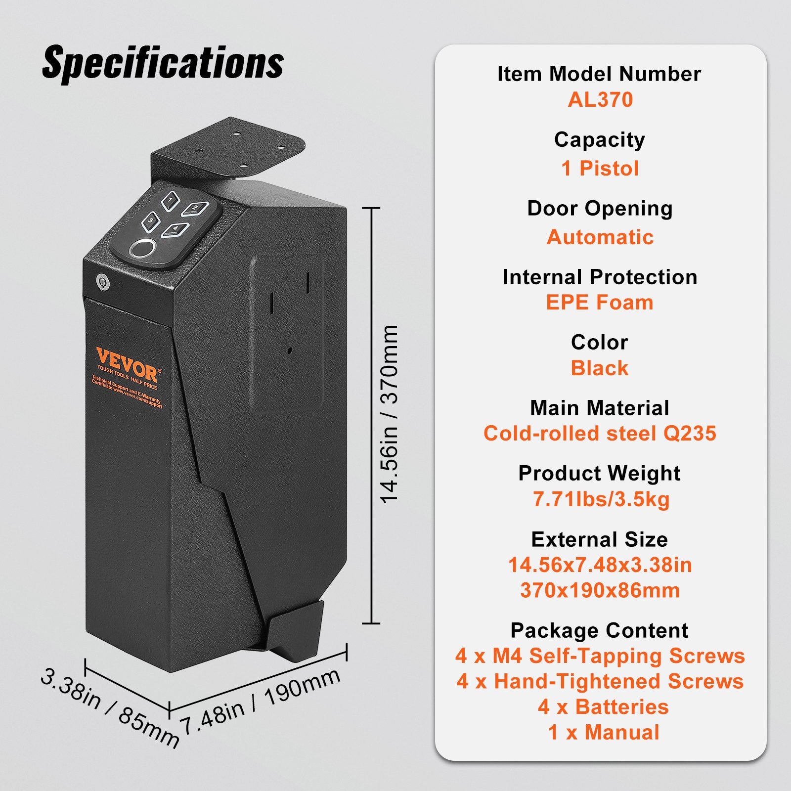 Mounted Gun Safe for Pistols Biometric Gun Safe 3 Access Ways for 1 Pistol V952-SQJCD0000000XXFXMV0