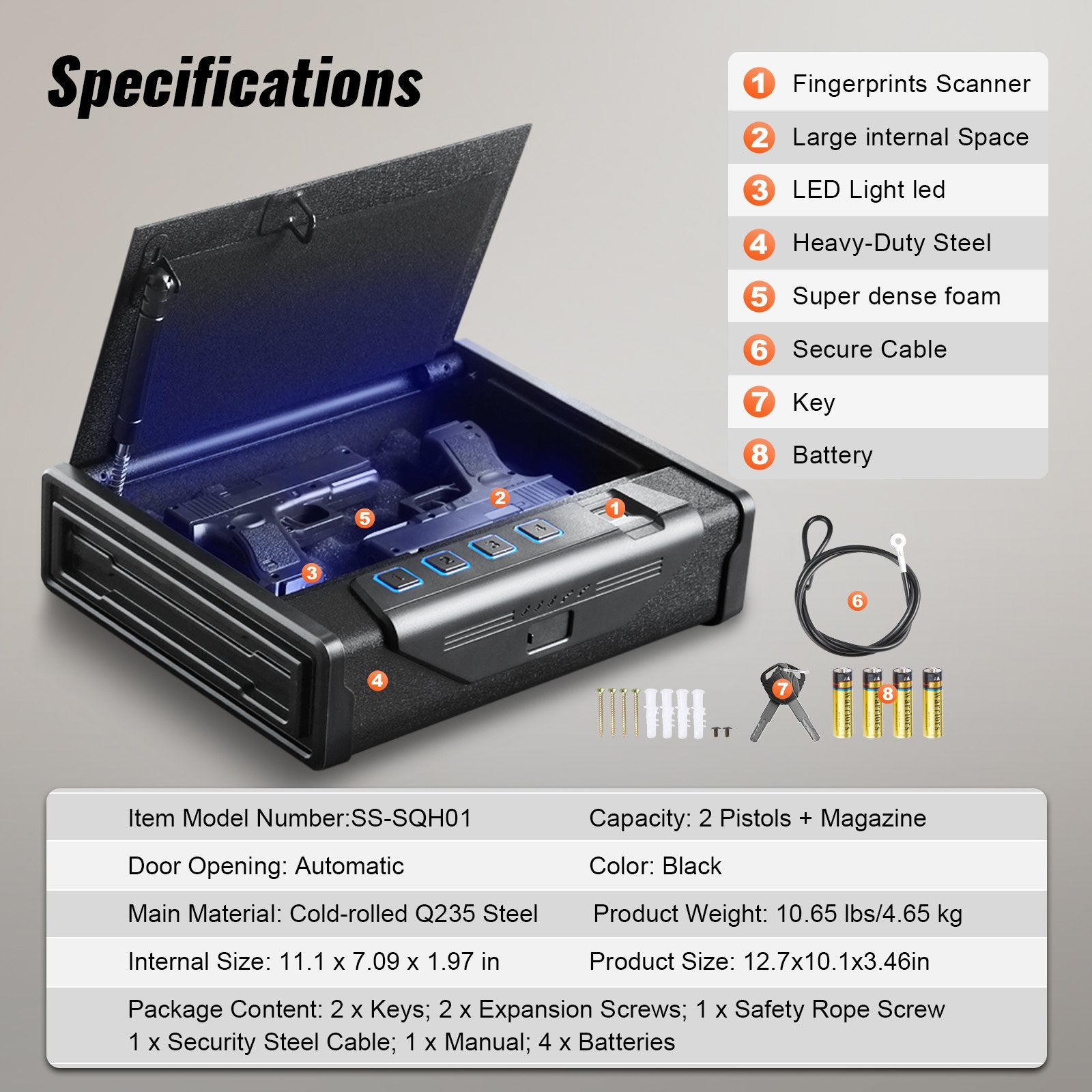 Gun Safe for Pistols Biometric Gun Safe with 3 Access Ways for 2 Pistols V952-SQJSK0000000I2P0ZV0