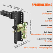 Adjustable Trailer Hitch, 25.4 cm Drop & 21.59 cm Rise Hitch Ball Mount with 5.08 cm Receiver, Solid Tube, V952-SQTQJTCB22253VXAJV0