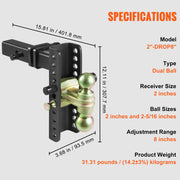 Adjustable Trailer Hitch, 203.2 mm Drop & 165.1 mm Rise Hitch Ball Mount with 50.8 mm Receiver, Solid Tube, V952-SQTQJTCB22259NAWHV0