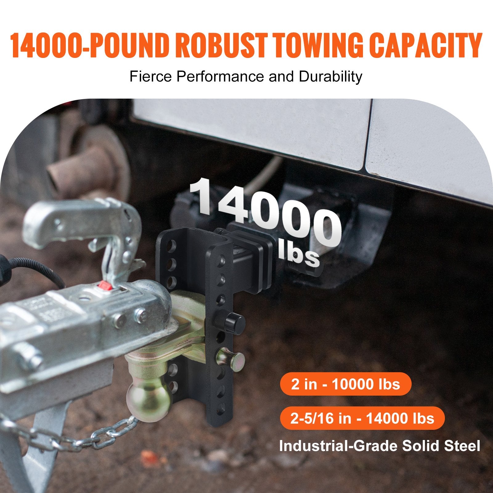 Adjustable Trailer Hitch, 152.4 mm Drop & 114.3 mm Rise Hitch Ball Mount with 50.8 mm Receiver, Solid Tube, V952-SQTQJTCB2225DZS3SV0