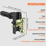Adjustable Trailer Hitch, 152.4 mm Drop & 114.3 mm Rise Hitch Ball Mount with 50.8 mm Receiver, Solid Tube, V952-SQTQJTCB2225DZS3SV0