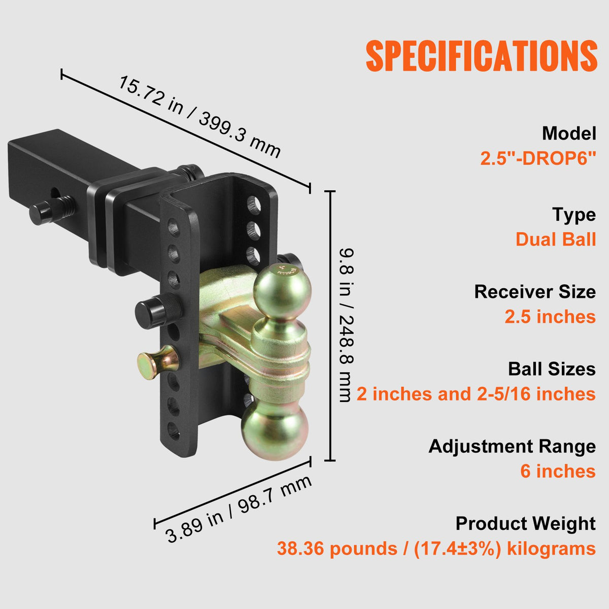 Adjustable Trailer Hitch, 15cm Drop & 11.43cm Rise Hitch Ball Mount with 6.35cm Receiver, Solid Tube, 6577 V952-SQTQJTCB25221G4VYV0