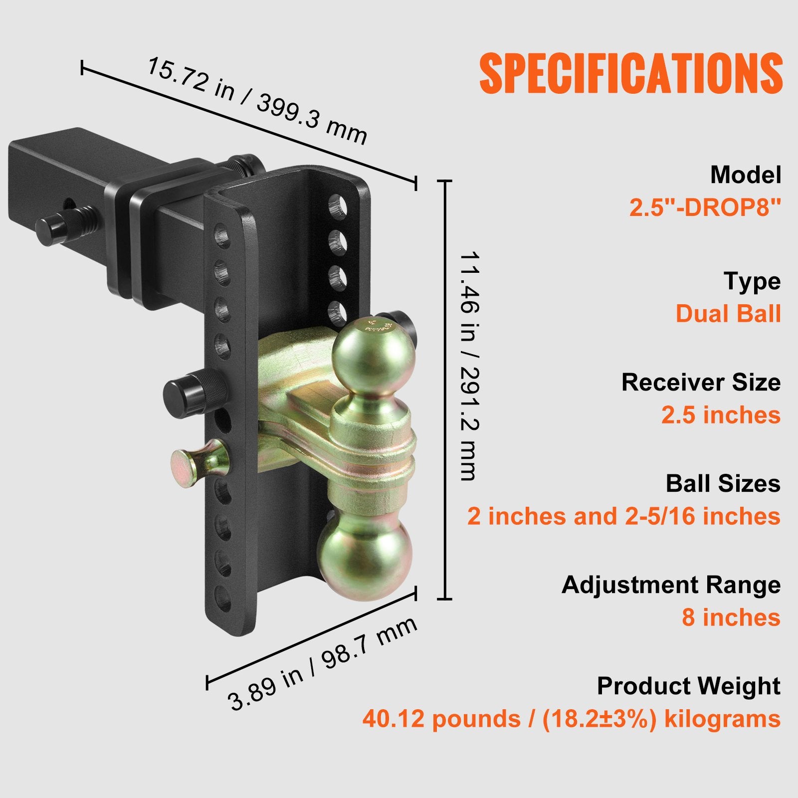Adjustable Trailer Hitch, 203.2 mm Drop & 165.1 mm Rise Hitch Ball Mount with 63.5 mm Receiver, Solid Tube, V952-SQTQJTCB2522I0FA2V0