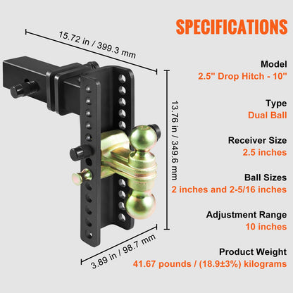 Adjustable Trailer Hitch, 25 cm Drop & 21.59 cm Rise Hitch Ball Mount with 6.35 cm Receiver Solid Tube, 6577 V952-SQTQJTCB2522KIQK5V0