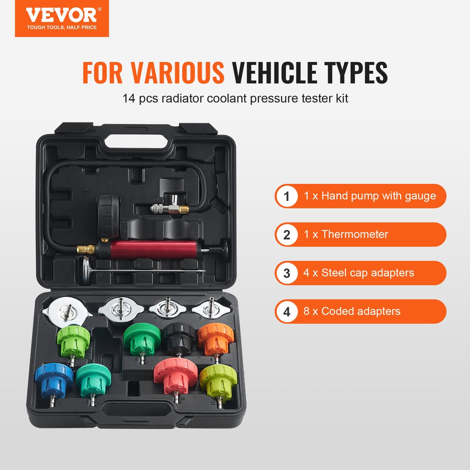 14 pcs Universal Radiator Pressure Tester Kit, Coolant Pressure Tester Kit with Manual Pump and Color-coded V952-SRQLQYYLCSY192TC2V0