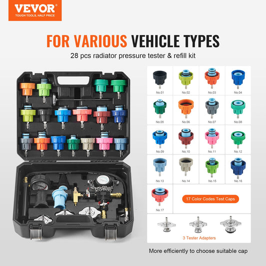28 pcs Universal Radiator Pressure Tester Kit, Coolant Pressure Tester Kit with Manual Pump and Color-coded V952-SRQLQYYLCSY29E5NUV0