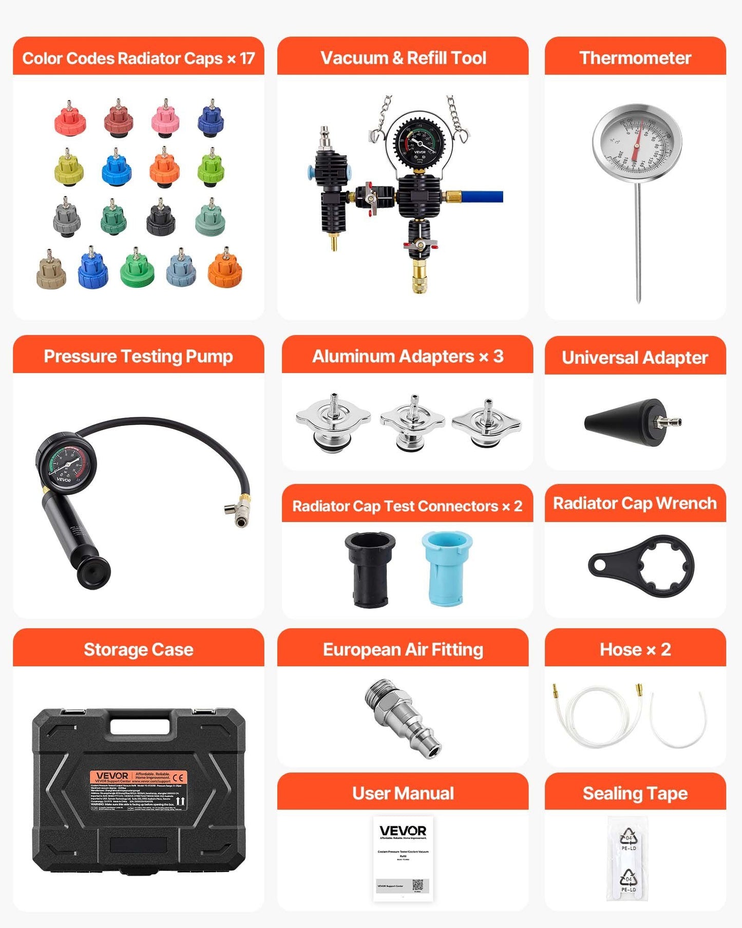 Coolant Pressure Tester Kit, 47Pcs Radiator Vacuum Refill Kit with 3 Metal Adapters, Universal Fit, V952-SRQYLCSHLQYTWMIWW001V0
