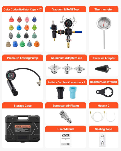 Coolant Pressure Tester Kit, 47Pcs Radiator Vacuum Refill Kit with 3 Metal Adapters, Universal Fit, V952-SRQYLCSHLQYTWMIWW001V0