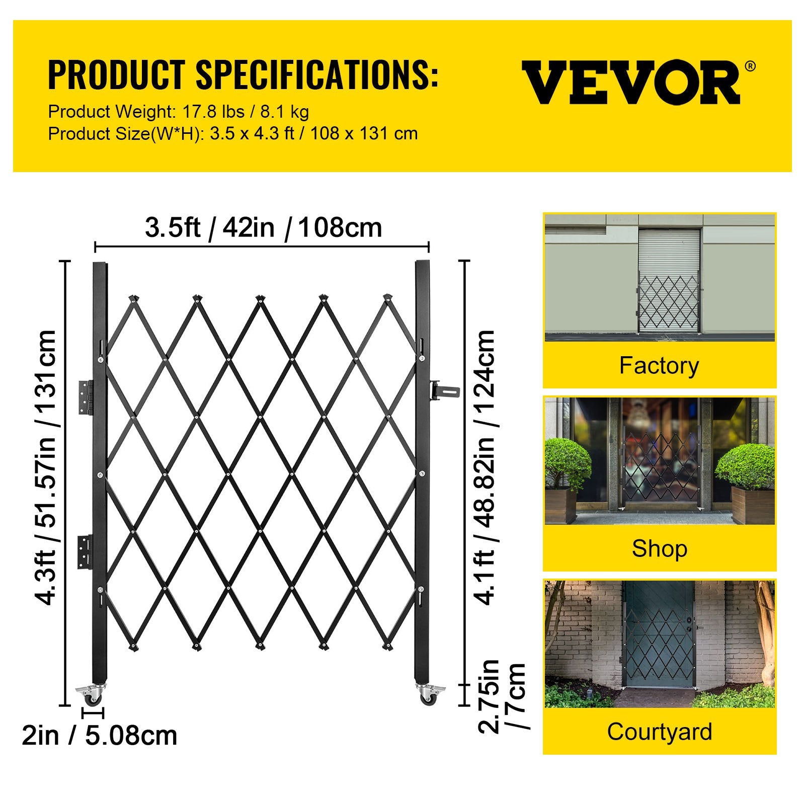 Single Folding Security Gate Folding Door Gate 37"W x 48"H Scissor Gate V952-SSFDMDM0.91X1.22MV0