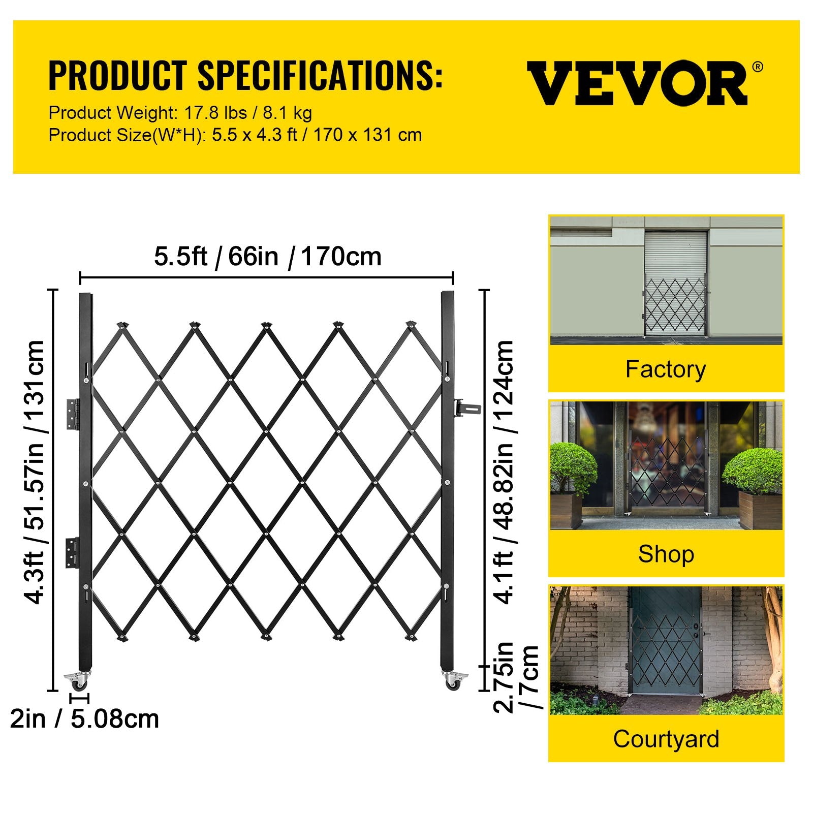 Single Folding Security Gate Folding Door Gate 48"H x 66"W Scissor Gate V952-SSFDMDM1.66X1.22MV0