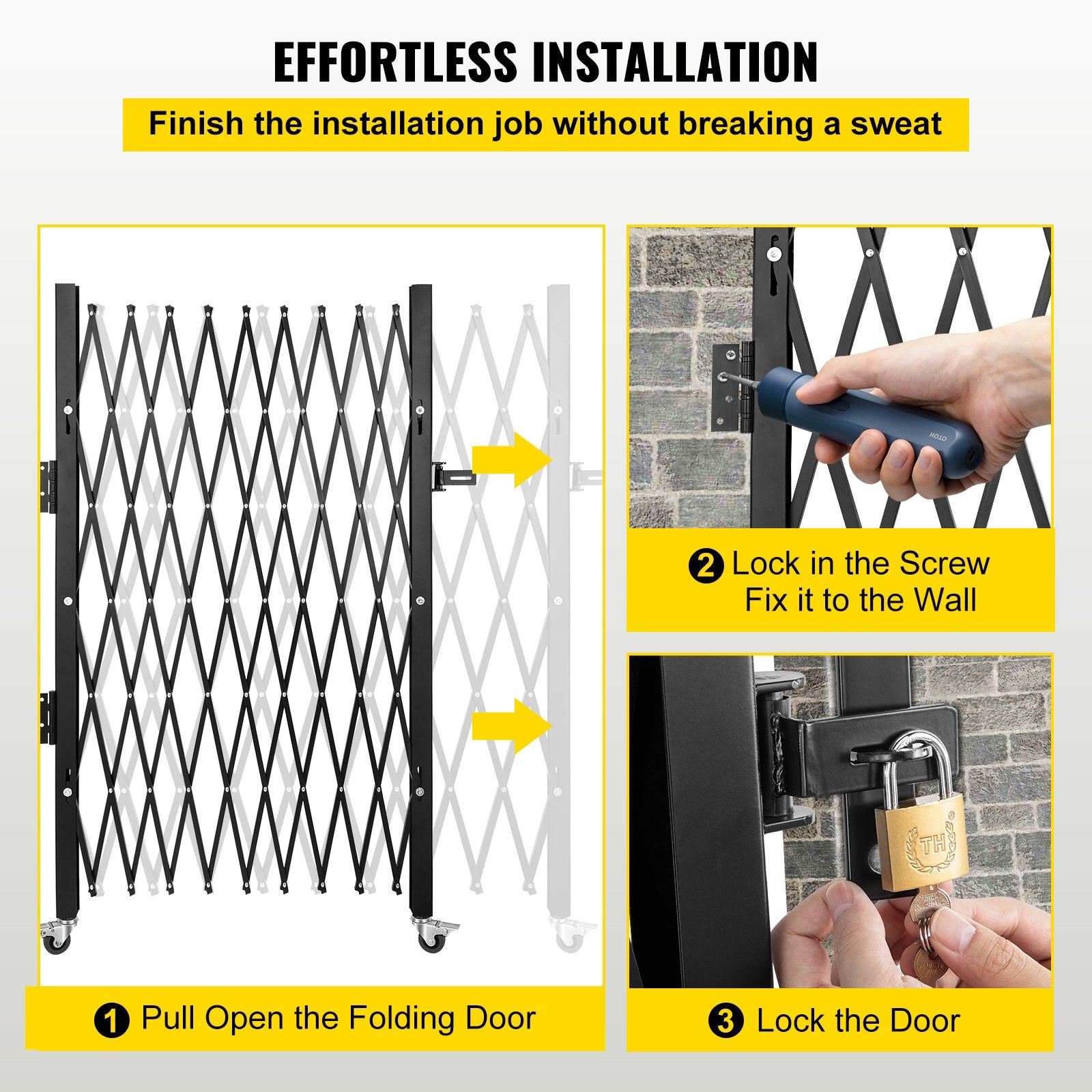 Single Folding Security Gate, 85" H x 95" W Folding Door Gate, Steel Accordion Security Gate, Flexible V952-SSFDMDM2X2.28M001V0