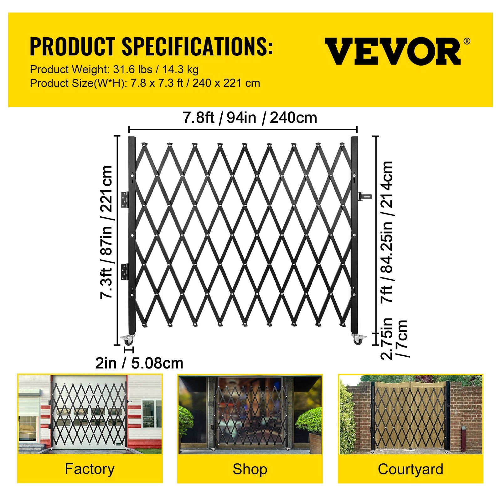 Single Folding Security Gate, 85" H x 95" W Folding Door Gate, Steel Accordion Security Gate, Flexible V952-SSFDMDM2X2.28M001V0
