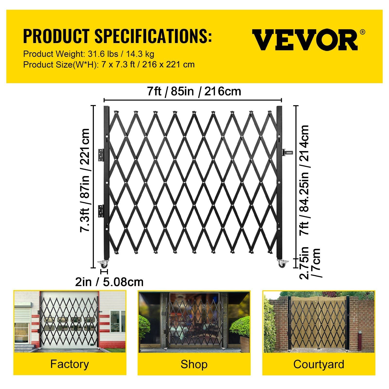 Single Folding Security Gate, 216 x 221 cm Folding Door Gate, Steel Accordion Security Gate, Flexible V952-SSFDMDM2X2M000001V0