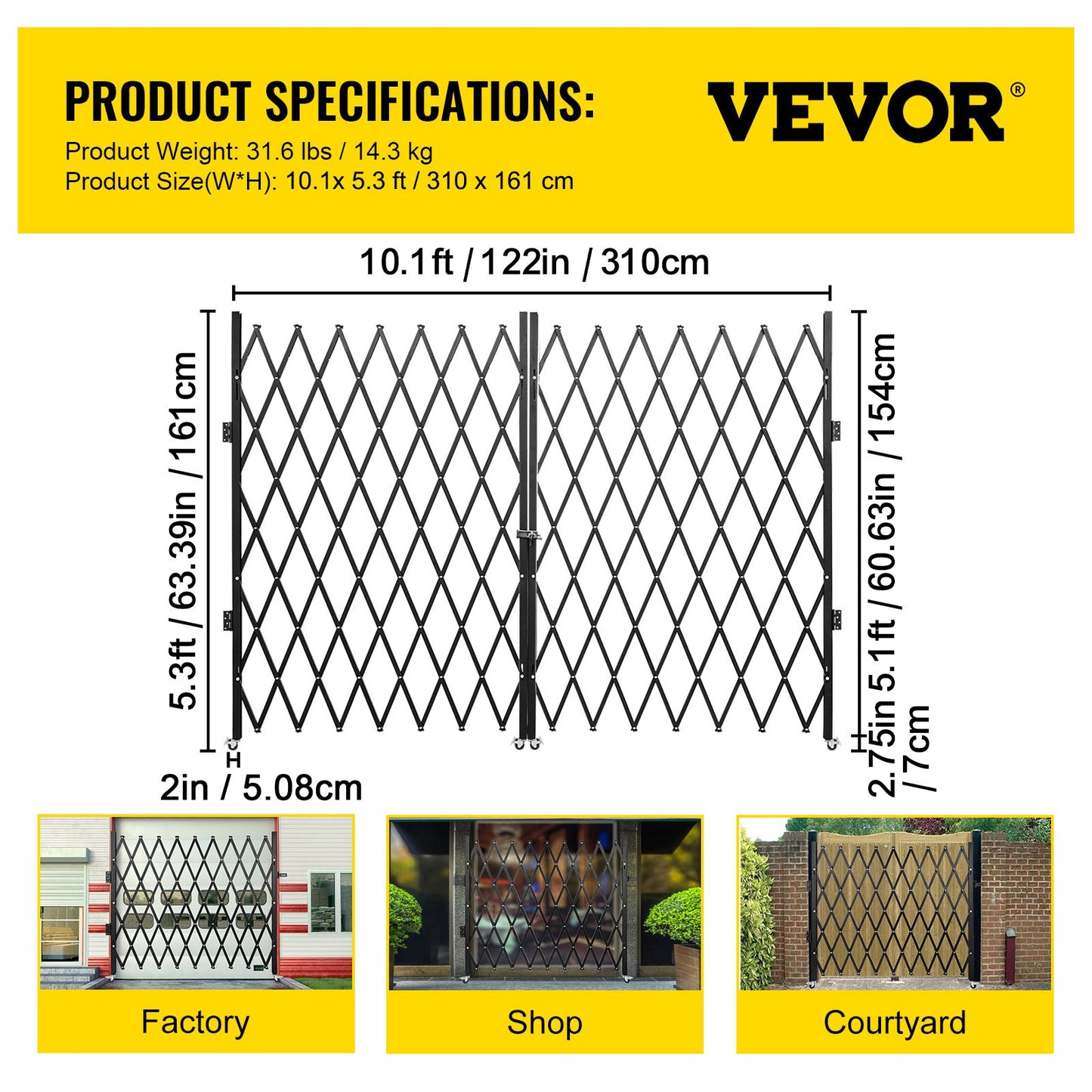 Double Folding Security Gate Folding Door Gate 5.1' H x 10.2' W Scissor Gate V952-SSFDMSM1.5X3M0001V0