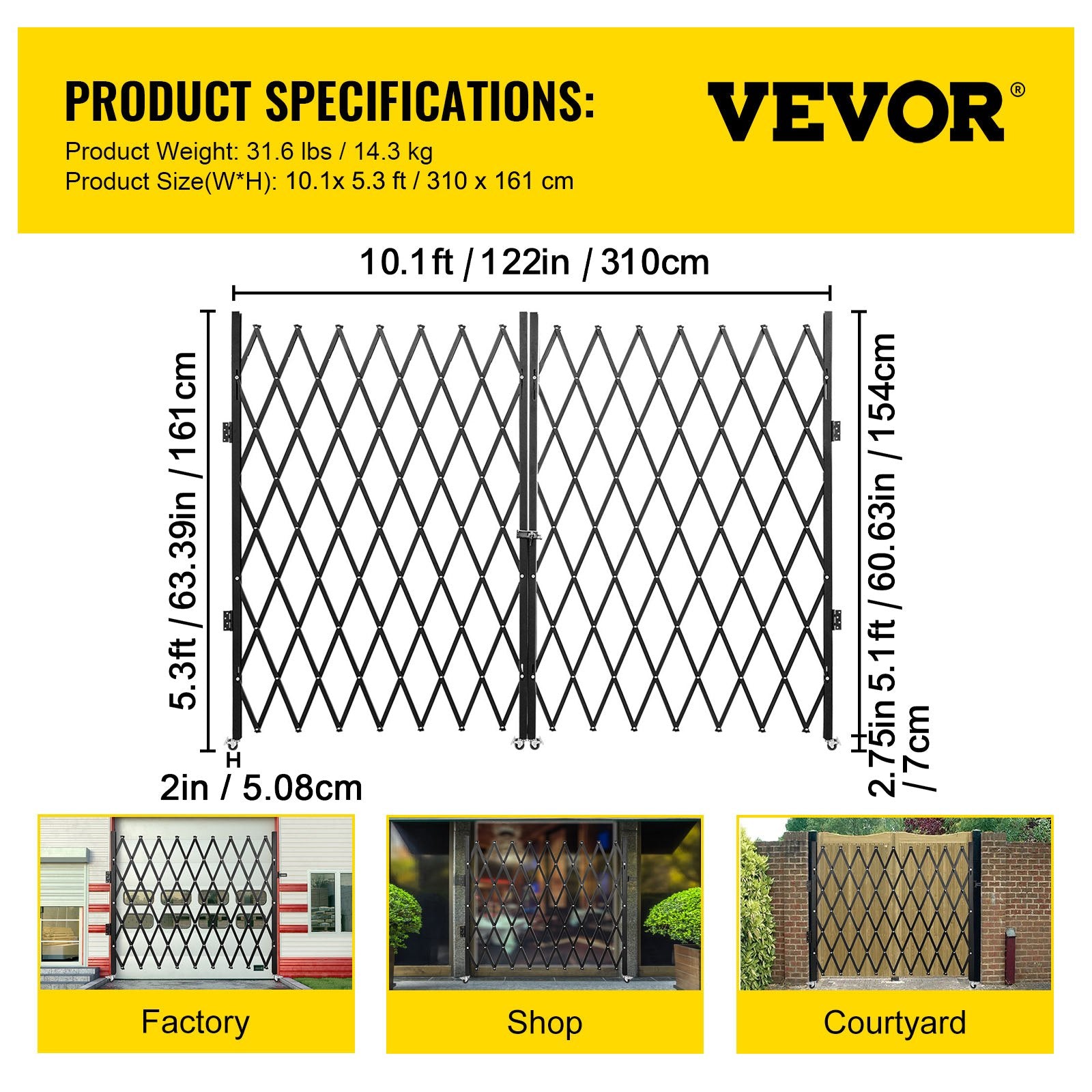 Double Folding Security Gate Folding Door Gate 5.1' H x 10.2' W Scissor Gate V952-SSFDMSM1.5X3M0001V0
