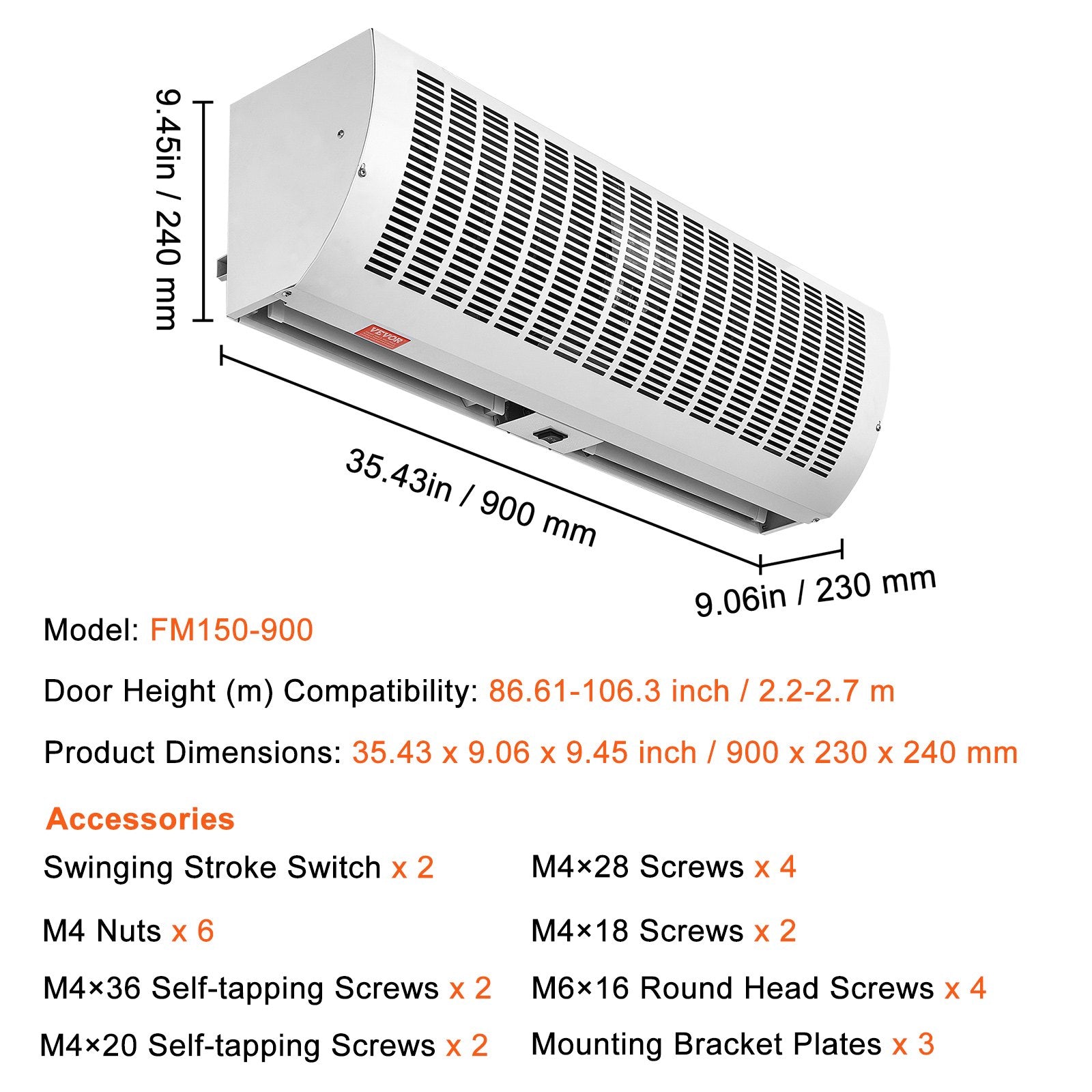 0.9m Commercial Indoor Air Curtain Super Power 2 Speeds 2038m3/h, UL Certified Wall Mounted Air Curtains for V952-SSFMJGLS36YCE0AT4V3