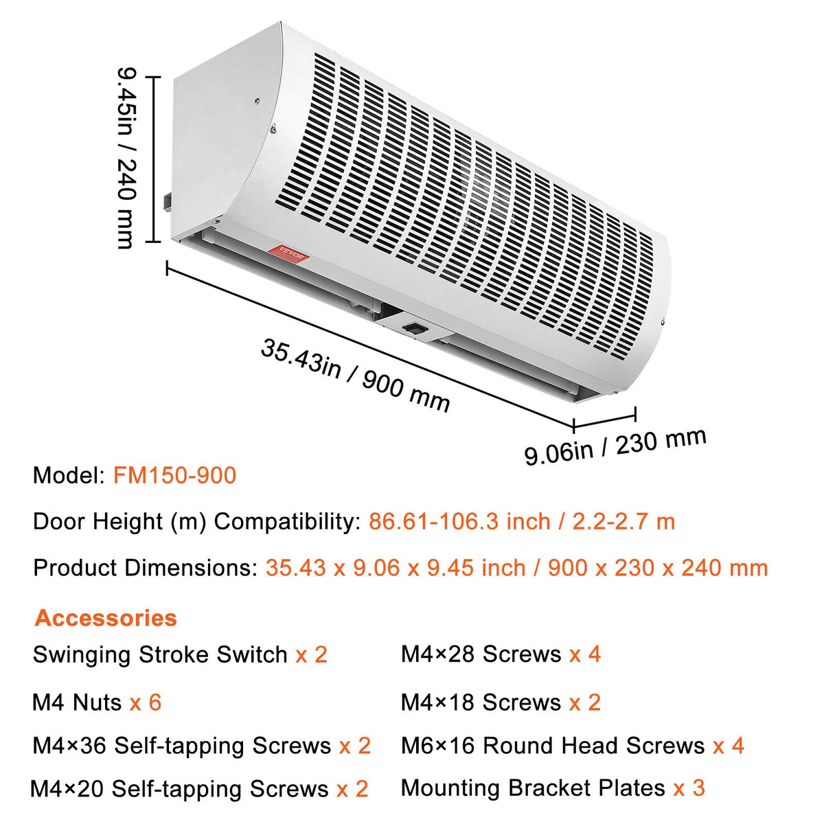 0.9m Commercial Indoor Air Curtain Super Power 2 Speeds 2038m3/h, UL Certified Wall Mounted Air Curtains for V952-SSFMJGLS36YCE0AT4V3